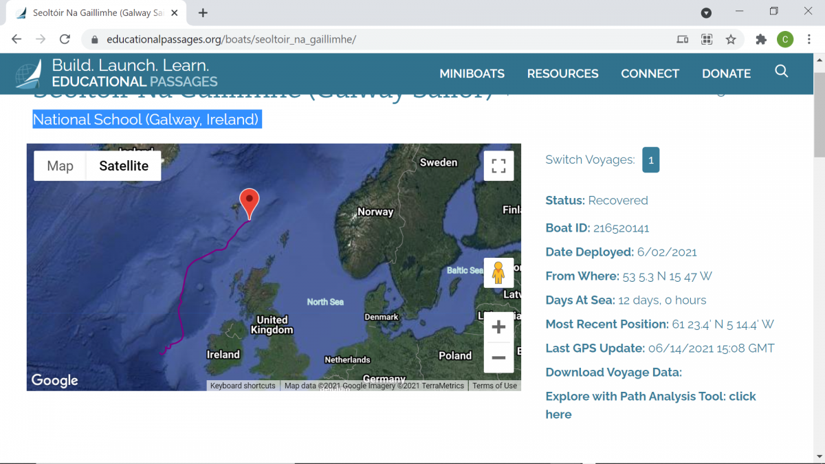 Educational Passages Map showing the tracking of 'Seoltóir Na Gaillimhe – the Galway Sailor’ from when it was deployed in the Atlantic from the RV Celtic Explorer.  