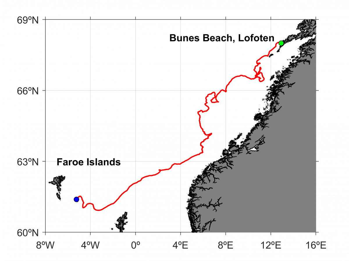 Marine Institute Tracking Map showing the likely journey that the 'Seoltóir Na Gaillimhe – the Galway Sailor’ travelled, after  the GPS signal was lost, using the  OpenDrift, a particle-tracking model, that predicts the path followed by the boat based on the combined effect of marine currents and atmospheric winds. 