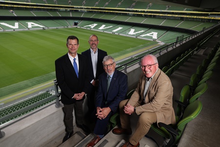 Alan Haynie (General Secretary of ICES), Ciaran Kelly (Director of Fisheries, Marine Institute), Bill Karp (President of ICES), and Paul Connolly, CEO of Marine Institute at the ICES Annual Science Conference 2022 in the Aviva Stadium, Dublin. Picture Jason Clarke