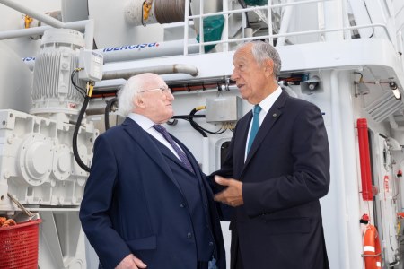 President of Ireland, Michael D. Higgins and President of Portugal, Marcelo Rebelo de Sousa on a visit to the newly commissioned research vessel RV Tom Crean berthed in Dublin’s docklands.