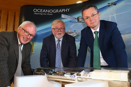Dr Paul Connolly, CEO Marine Institute, Michael Gillooly, Director of Oceans, Climate and Information Services (OCIS), and Patrick O’Donovan T.D., Minister of State with responsibility for the Office of Public Works at the Department of Public Expenditure and Reform viewing a Argo Float. Picture Andrew Downes, XPOSURE.