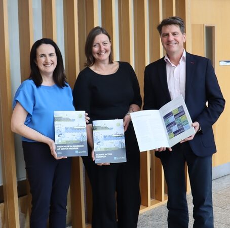 Patricia Orme, Director of Corporate Services, Toni Hollowell, Facilities Manager and Dr Rick Officer, CEO of the Marine Institute with the Climate Action Roadmap 2024