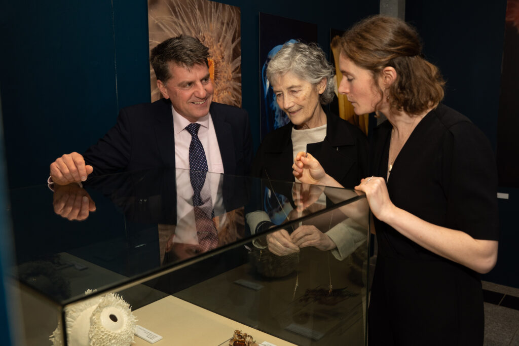 President Catherine Connolly with Rick Officer and Lea Delhaise at the opening of the exhibition