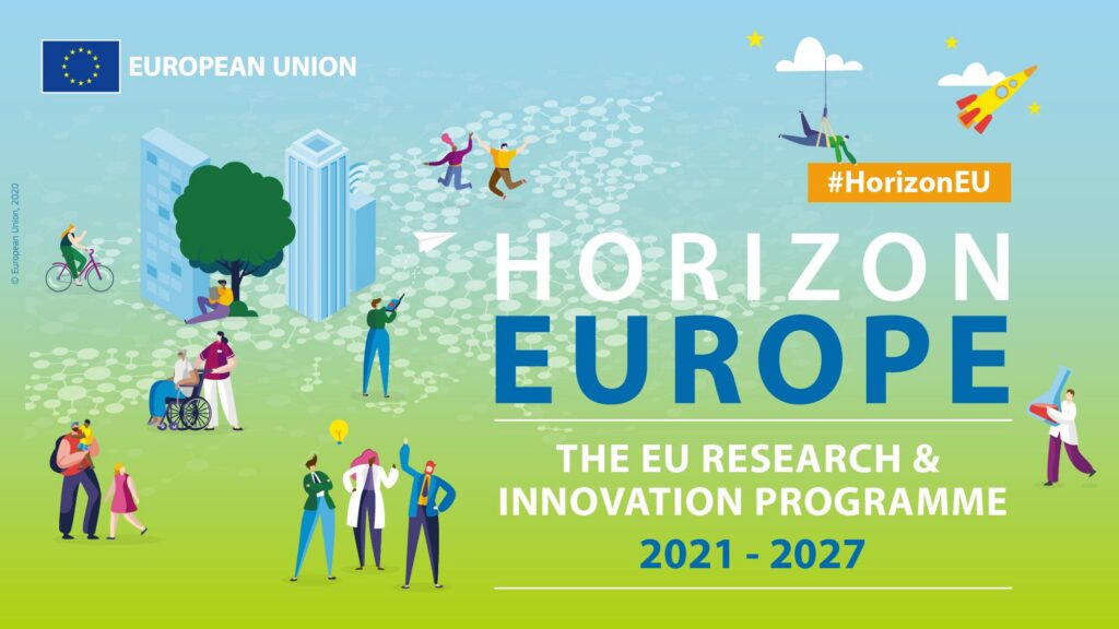 Horizon Europe graphic for the EU research and innovation programme, 2021–2027, illustrated with researchers, citizens, buildings and a rocket.