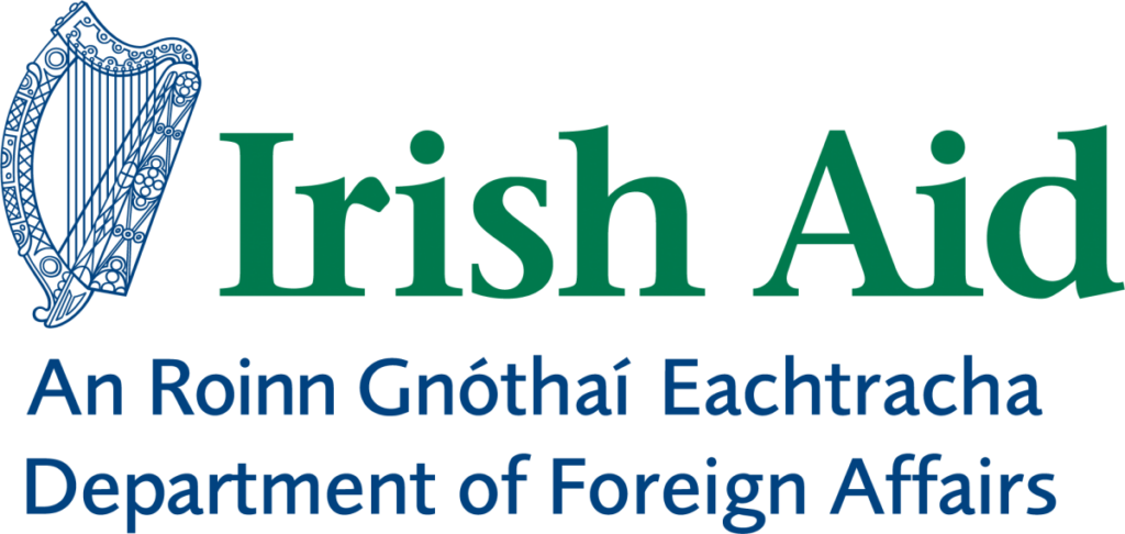 Irish Aid logo with a stylised harp and the bilingual name “Irish Aid – An Roinn Gnóthaí Eachtracha – Department of Foreign Affairs”.